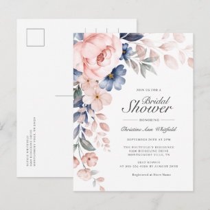 Modern Pink Blue Floral Bridal Shower Invitation Postcard