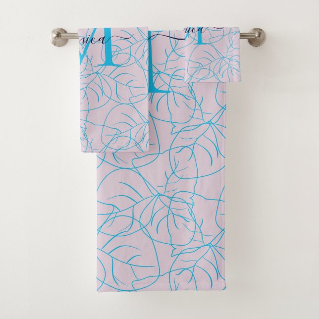 Modern Pink Blue Floral Monogram Name Design Bath Towel Set (Insitu)