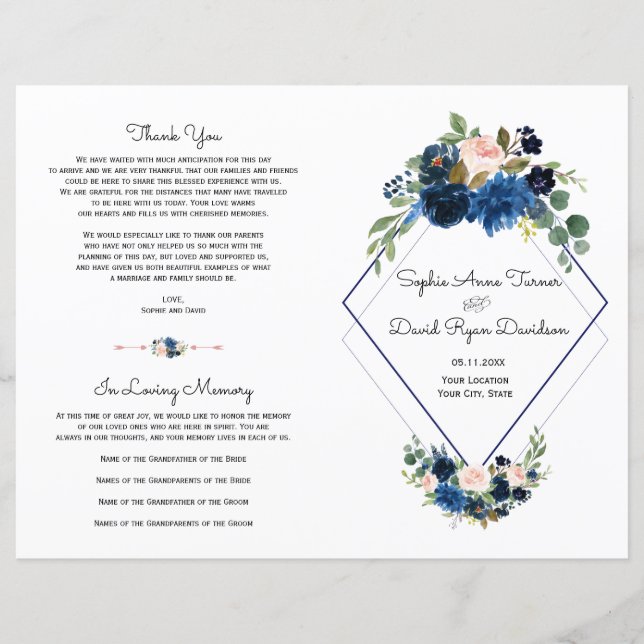 Modern Pink Blue Floral Navy Blue Diamond Program (Front)
