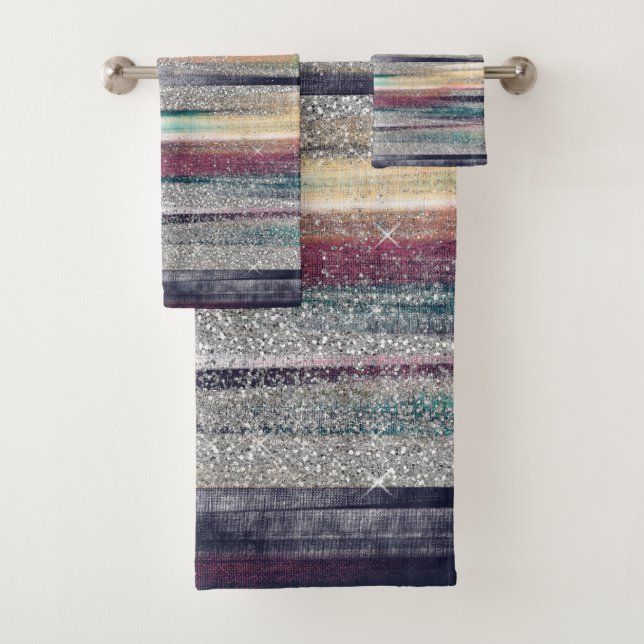 Modern Pink Blue Gold Glitter Brush Strokes Paint Bath Towel Set (Insitu)