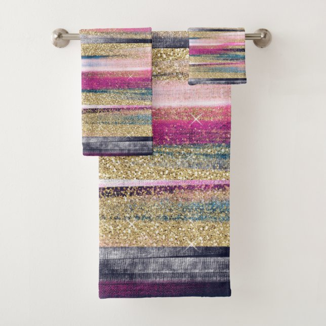 Modern Pink Blue Gold Glitter Brush Strokes Paint Bath Towel Set (Insitu)