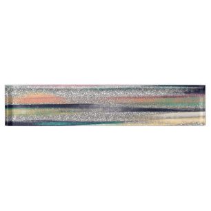 Modern Pink Blue Gold Glitter Brush Strokes Paint Nameplate