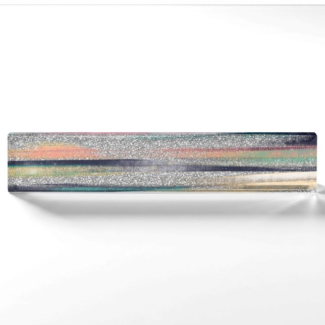 Modern Pink Blue Gold Glitter Brush Strokes Paint Nameplate (Front)