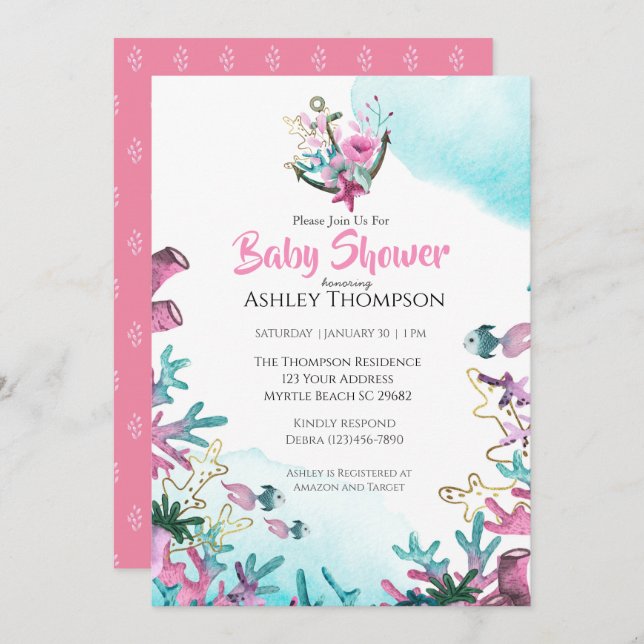 Modern Pink Blue Under the Sea  Baby Shower   Invitation (Front/Back)