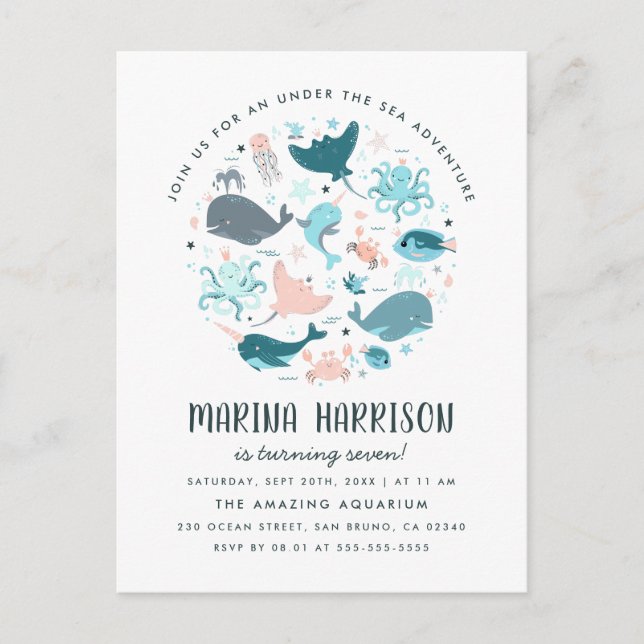 Modern Pink & Blue Under The Sea Birthday Party Invitation Postcard (Front)