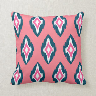 Modern pink blue white Ikat Tribal Pattern 1b Throw Pillow