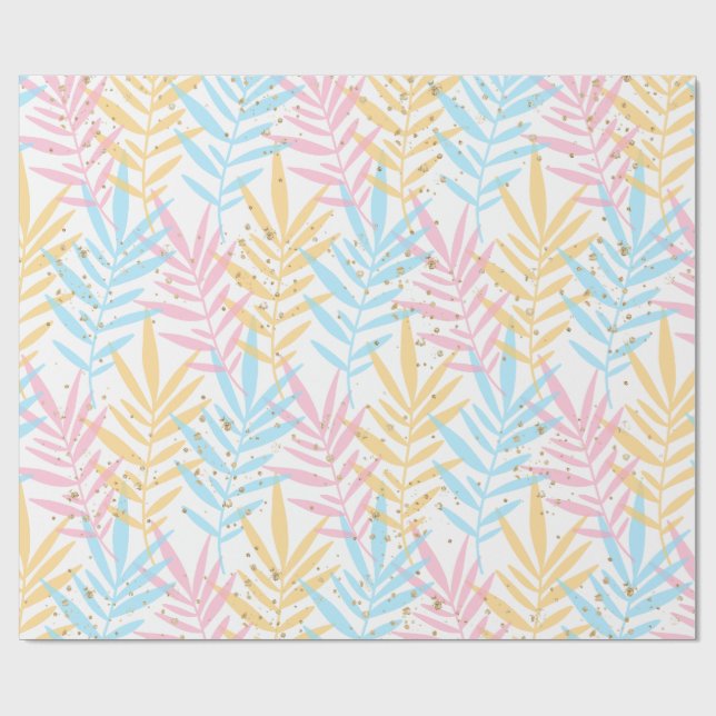 Modern Pink Blue Yellow Gold Tropical Palm Leaves Wrapping Paper (Flat)