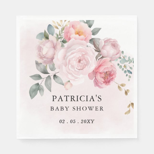Modern Pink Blush Floral Girl Baby Shower Napkin (Front)
