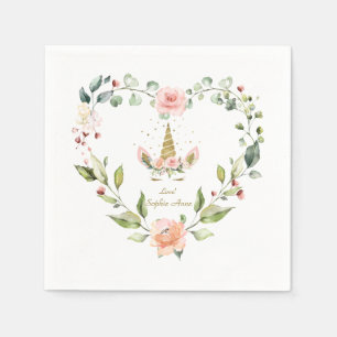 Modern Pink Blush Flowers Gold Unicorn Birthday Napkin