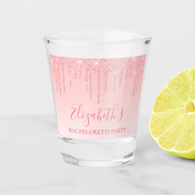 Modern Pink Blush Glitter Bachelorette Party Shot Glass (Front)