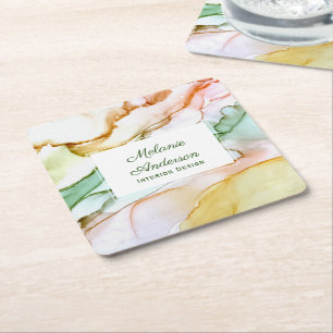 Modern Pink Blush Green Pastel Custom Square Paper Coaster