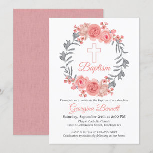 Modern Pink Blush Grey Floral Wreath Cross Baptism Invitation