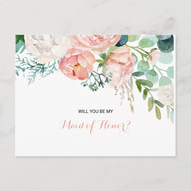 Modern Pink Blush Tropical Floral Maid of Honour Invitation Postcard (Front)