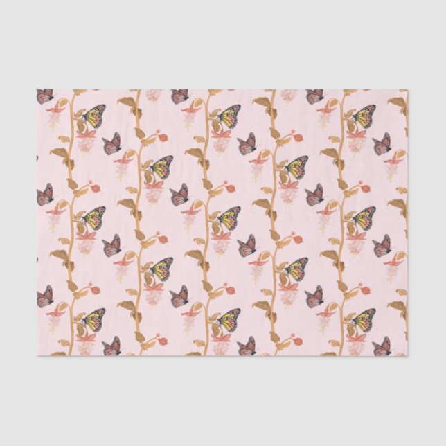 Modern Pink Boho Butterfly Floral Pattern  Tissue Paper (Front)