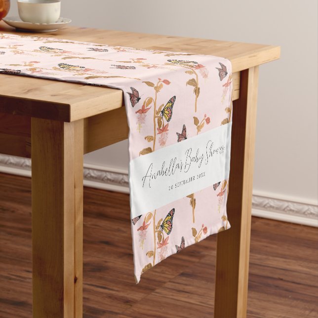 Modern Pink Boho Butterfly Girl Baby Shower Short Table Runner (In Situ)