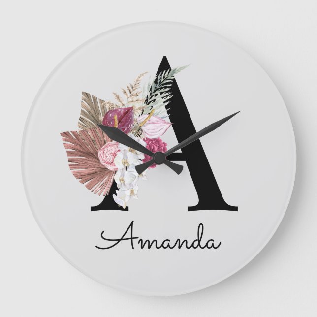 Modern Pink Boho Girly Floral Initial A Large Clock (Front)