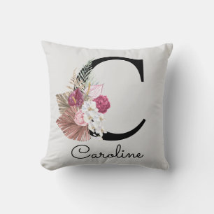 Modern Pink Boho Girly Floral Initial C Throw Pillow