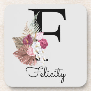 Modern Pink Boho Girly Floral Initial F Coaster