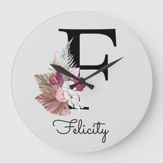 Modern Pink Boho Girly Floral Initial F Large Clock (Front)