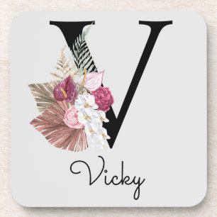 Modern Pink Boho Girly Floral Initial V Coaster