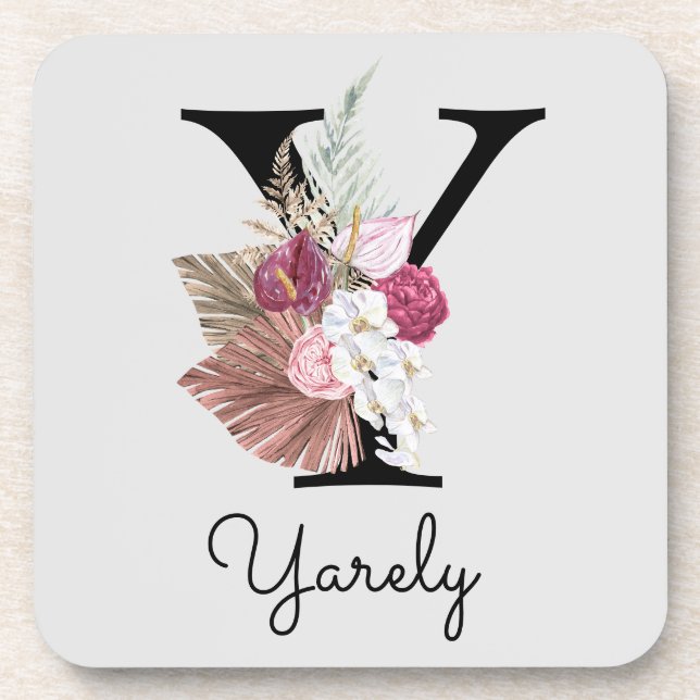 Modern Pink Boho Girly Floral Initial Y Coaster (Front)
