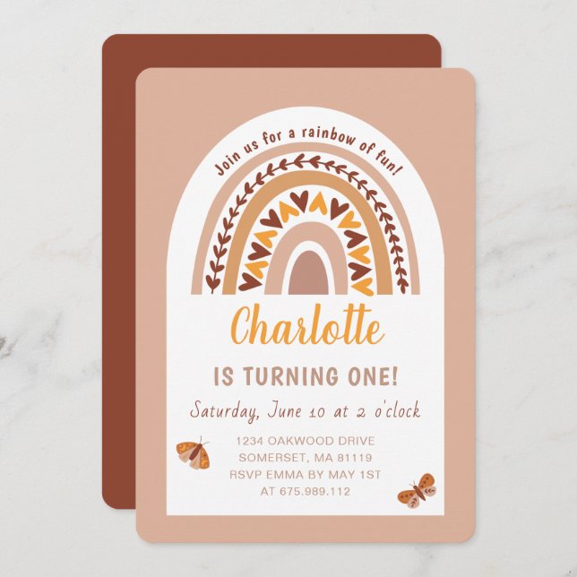 Modern Pink Boho Rainbow 1st Birthday Invitation (Front/Back)