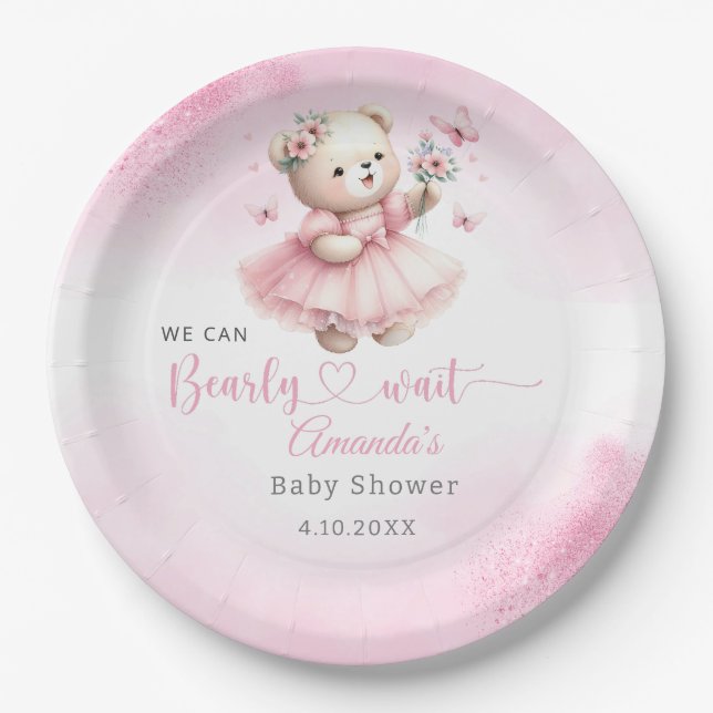 Modern pink Boho Teddy Bear girl baby shower  Paper Plate (Front)