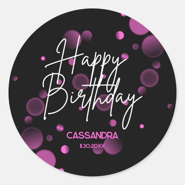 Modern Pink Bokeh Gradient Black Happy Birthday Classic Round Sticker (Front)
