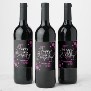 Modern Pink Bokeh Gradient Black Happy Birthday Wine Label