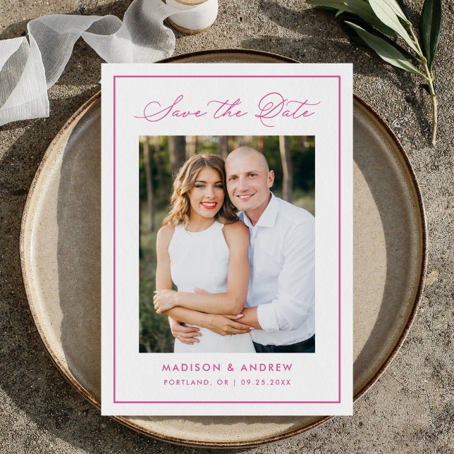 Modern Pink Border Script Photo Wedding Save The Date (Creator Uploaded)