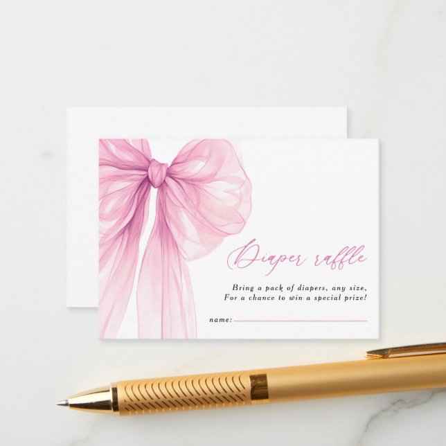 Modern Pink Bow Baby Shower Diaper Raffle Enclosure Card (Front/Back In Situ)