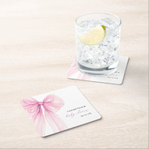 Modern Pink Bow Baby Shower Square Paper Coaster