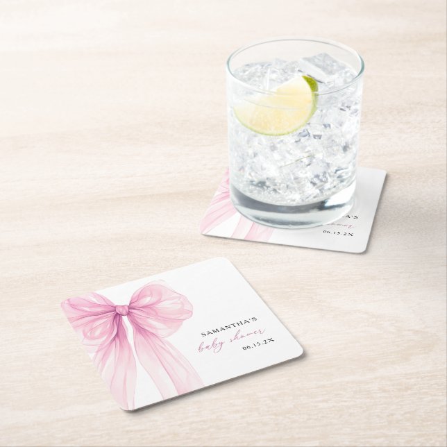 Modern Pink Bow Baby Shower  Square Paper Coaster (Insitu)
