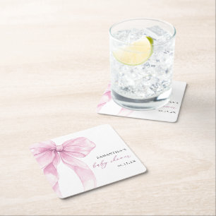Modern Pink Bow Baby Shower  Square Paper Coaster