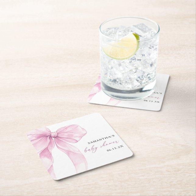 Modern Pink Bow Baby Shower  Square Paper Coaster (Insitu)