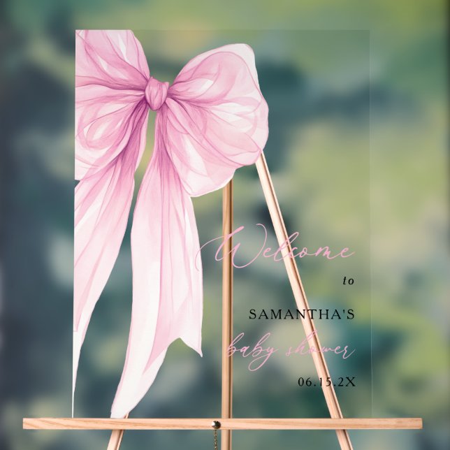 Modern Pink Bow Baby Shower Welcome  Acrylic Sign (Neutral)
