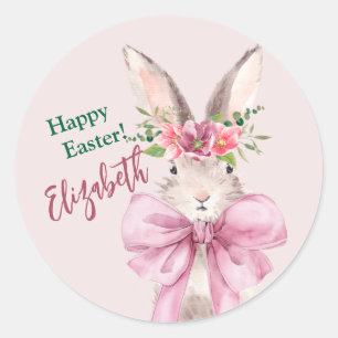 Modern Pink bow bunny Happy easter rabbit   Classic Round Sticker