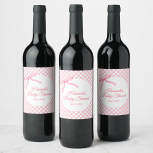 Modern Pink Bow Chequered Baby Shower Wine Labels