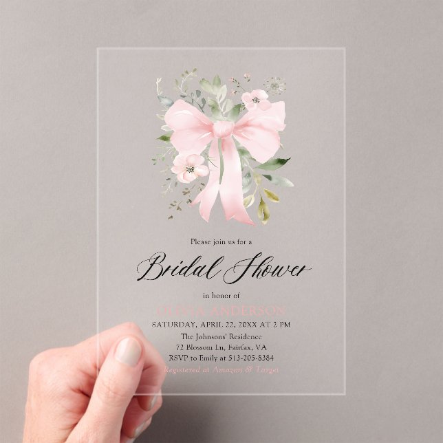 Modern Pink Bow Coquette Floral Bridal Shower Acrylic Invitations (Insitu (Handheld))