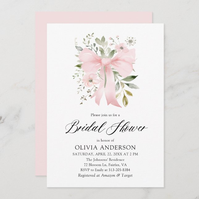 Modern Pink Bow Coquette Floral Bridal Shower Invitation (Front/Back)