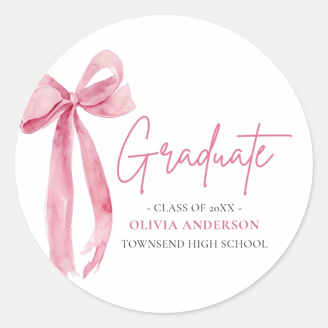 Modern Pink Bow Coquette Graduate Graduation Classic Round Sticker (Front)