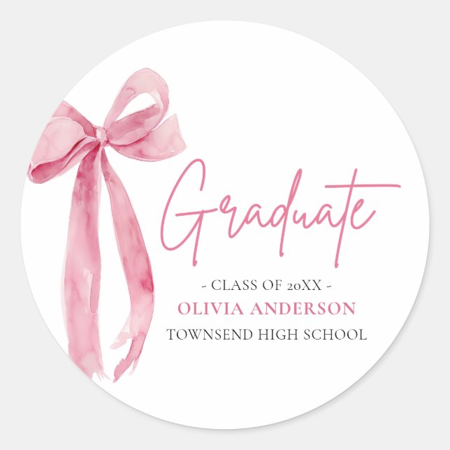 Modern Pink Bow Coquette Graduate Graduation Classic Round Sticker (Front)