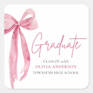 Modern Pink Bow Coquette Graduate Graduation Square Sticker