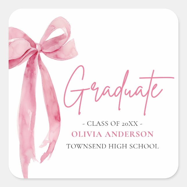 Modern Pink Bow Coquette Graduate Graduation Square Sticker (Front)