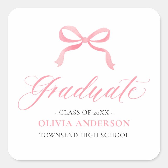 Modern Pink Bow Coquette Graduate Graduation Square Sticker (Front)