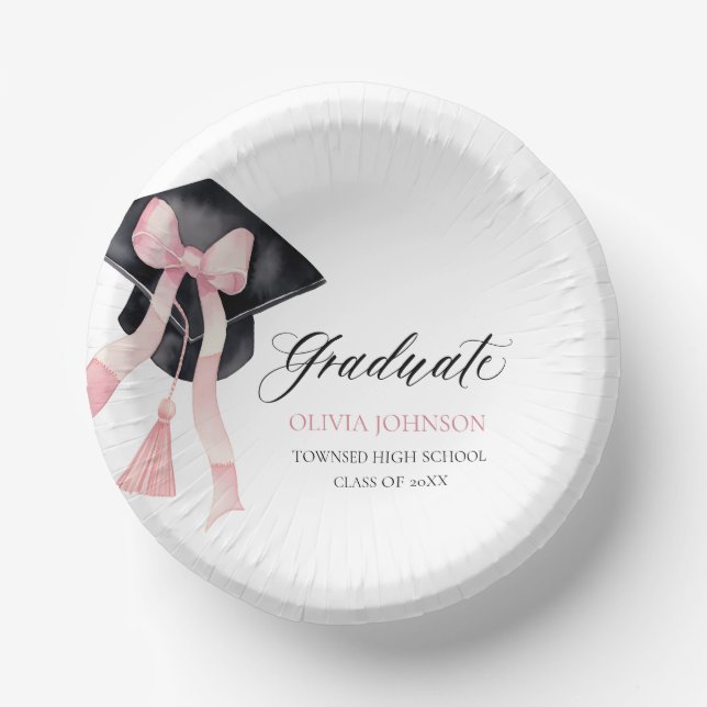 Modern Pink Bow Coquette Graduation Cap Graduate Paper Plate (Front)