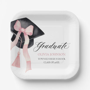 Modern Pink Bow Coquette Graduation Cap Graduate Paper Plate