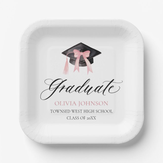 Modern Pink Bow Coquette Graduation Cap Graduate Paper Plate (Front)