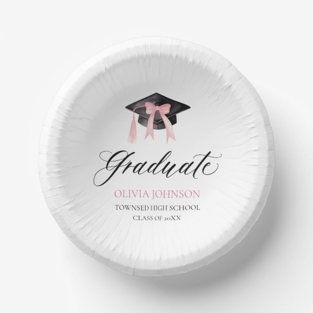 Modern Pink Bow Coquette Graduation Cap Graduate Paper Plate (Front)