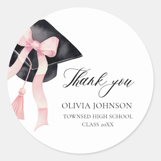 Modern Pink Bow Coquette Graduation Cap Graduation Classic Round Sticker (Front)